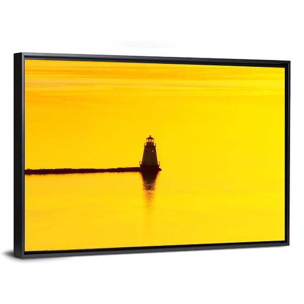 Sunset Over A Lighthouse On Lake Champlain Canvas Wall Art-3 Horizontal-Gallery Wrap-25" x 16"-Tiaracle