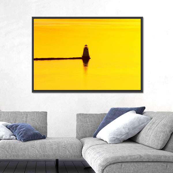 Sunset Over A Lighthouse On Lake Champlain Canvas Wall Art-3 Horizontal-Gallery Wrap-25" x 16"-Tiaracle