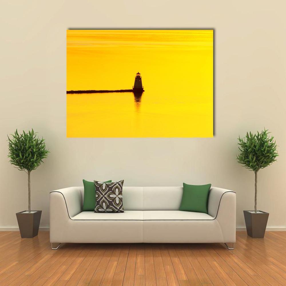Sunset Over A Lighthouse On Lake Champlain Canvas Wall Art-5 Star-Gallery Wrap-62" x 32"-Tiaracle