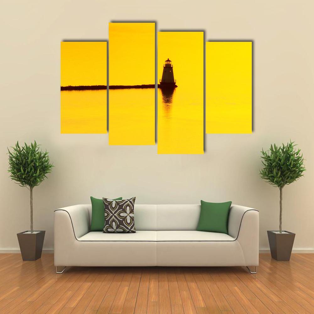 Sunset Over A Lighthouse On Lake Champlain Canvas Wall Art-4 Pop-Gallery Wrap-50" x 32"-Tiaracle