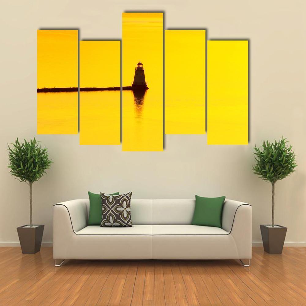 Sunset Over A Lighthouse On Lake Champlain Canvas Wall Art-5 Pop-Gallery Wrap-47" x 32"-Tiaracle