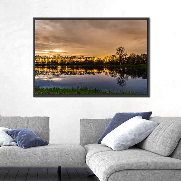 Sunset Over A Small Lake In Illinois Panoramic Canvas Wall Art-1 Piece-36" x 12"-Tiaracle