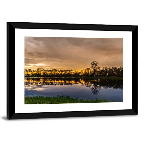Sunset Over A Small Lake In Illinois Panoramic Canvas Wall Art-1 Piece-36" x 12"-Tiaracle
