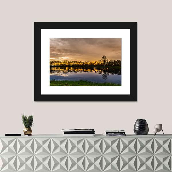 Sunset Over A Small Lake In Illinois Panoramic Canvas Wall Art-1 Piece-36" x 12"-Tiaracle