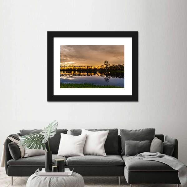 Sunset Over A Small Lake In Illinois Panoramic Canvas Wall Art-1 Piece-36" x 12"-Tiaracle