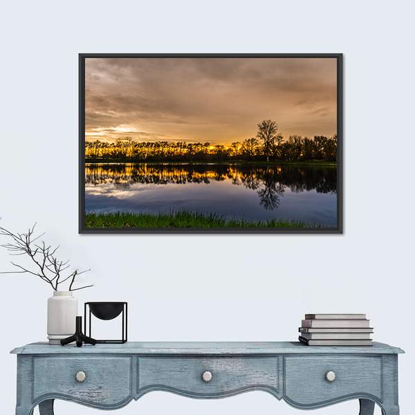 Sunset Over A Small Lake In Illinois Panoramic Canvas Wall Art-1 Piece-36" x 12"-Tiaracle