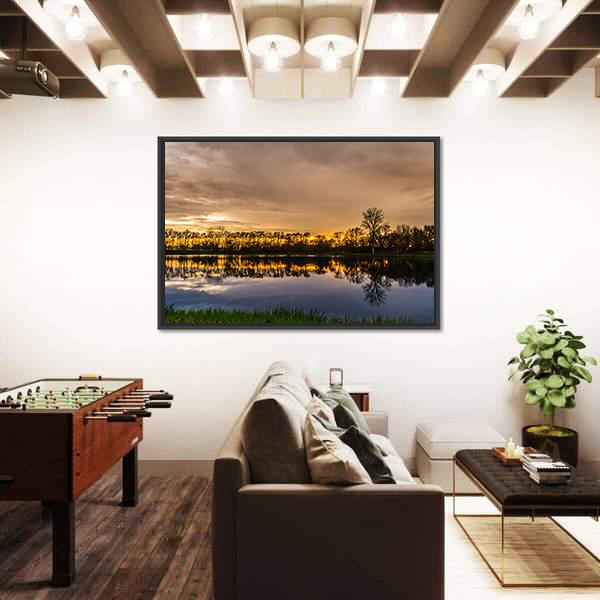 Sunset Over A Small Lake In Illinois Panoramic Canvas Wall Art-1 Piece-36" x 12"-Tiaracle