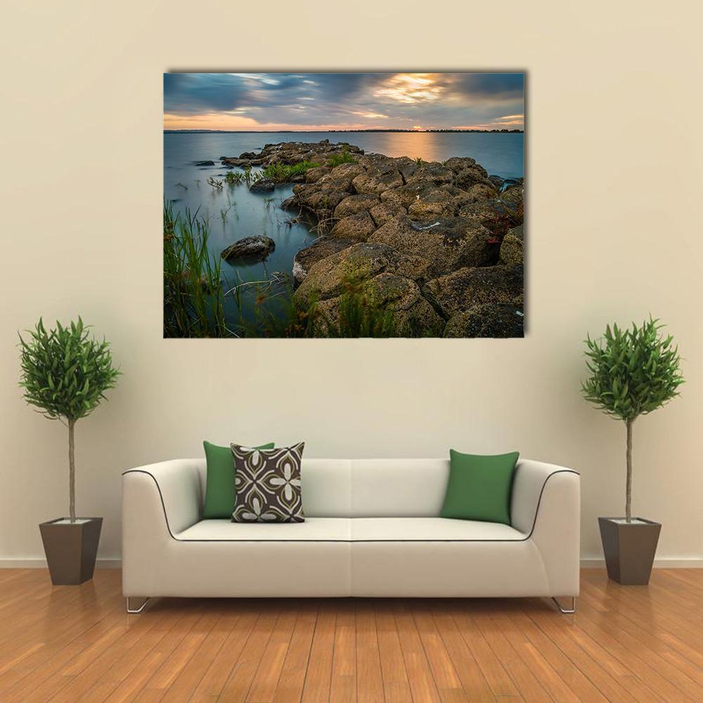 Sunset Over A Stone Pier In Lake Colac Canvas Wall Art-1 Piece-Gallery Wrap-48" x 32"-Tiaracle