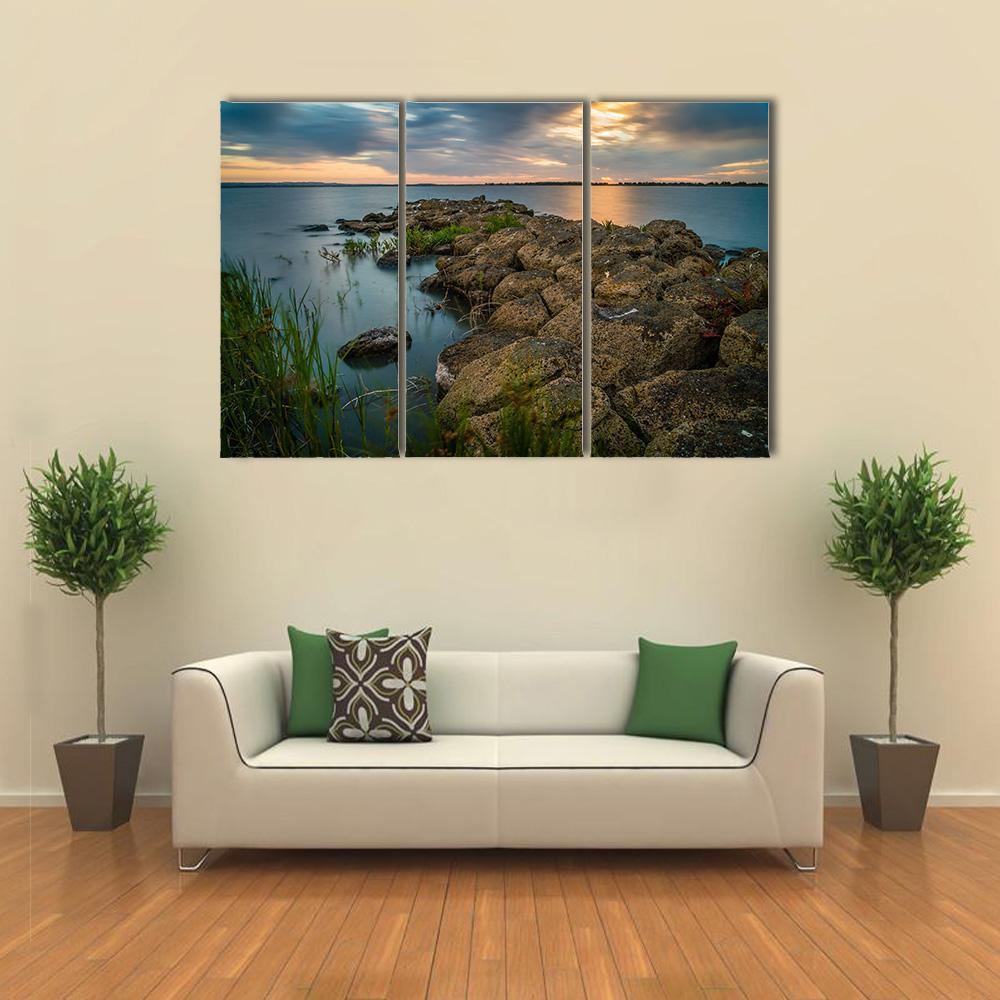 Sunset Over A Stone Pier In Lake Colac Canvas Wall Art-3 Horizontal-Gallery Wrap-37" x 24"-Tiaracle