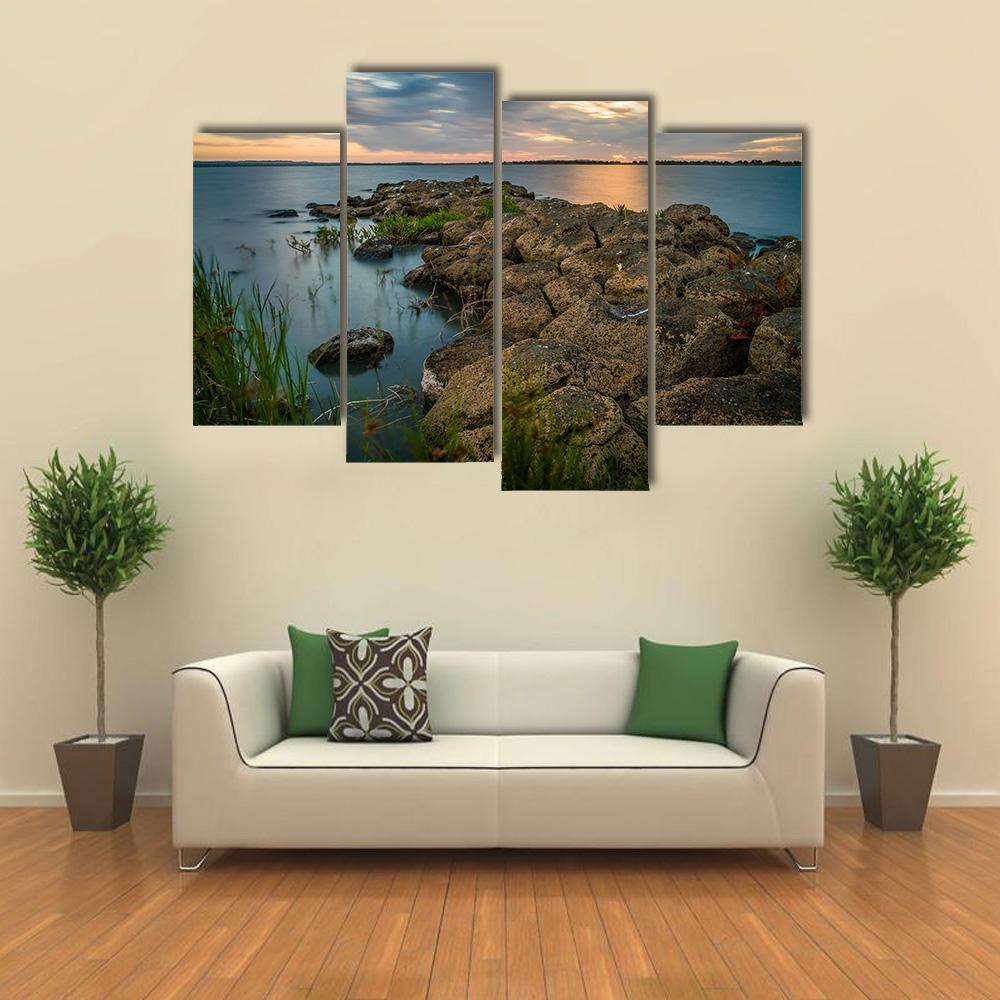 Sunset Over A Stone Pier In Lake Colac Canvas Wall Art-4 Pop-Gallery Wrap-50" x 32"-Tiaracle