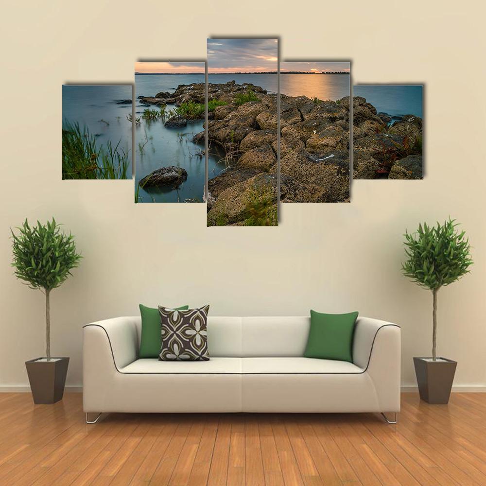 Sunset Over A Stone Pier In Lake Colac Canvas Wall Art-5 Star-Gallery Wrap-62" x 32"-Tiaracle