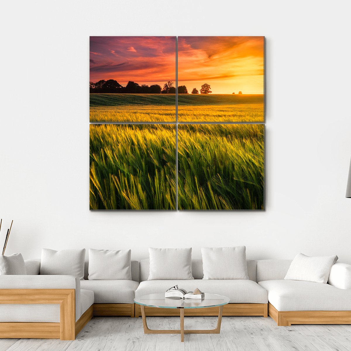 Sunset Over A Wheat Field Canvas Wall Art-4 Square-Gallery Wrap-17" x 17"-Tiaracle