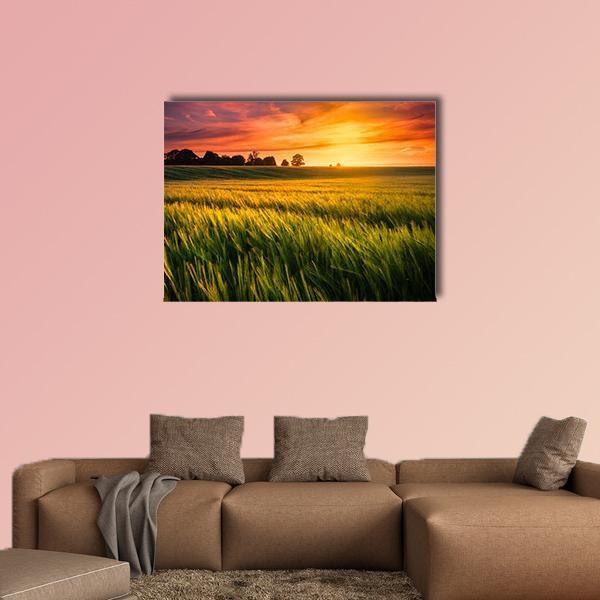 Sunset Over a Wheat Field Canvas Wall Art in orange, yellow and green, single panel hung on a wall
