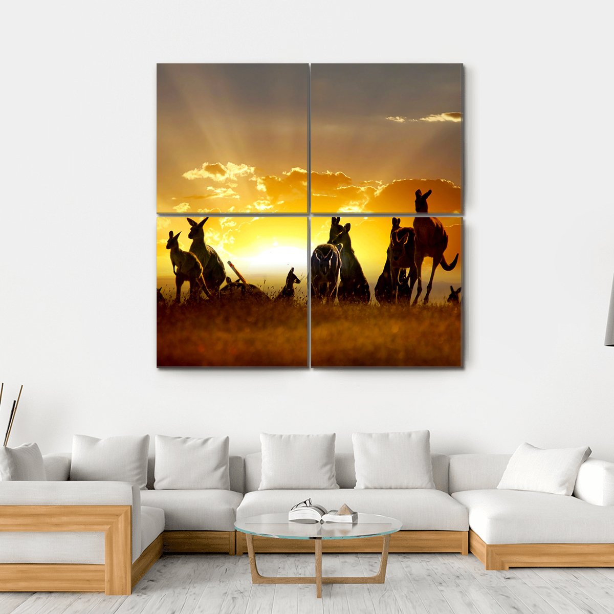 Australian Outback Kangaroos at Sunset Canvas Wall Art in brown, orange and yellow, hung on a wall