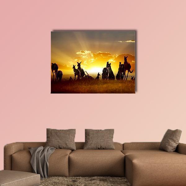 Kangaroos at Sunset in Australian Outback Canvas Wall Art in brown, orange and yellow, single panel hung on a wall