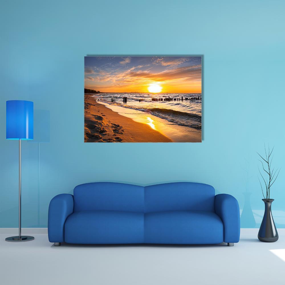 Sunset Over Baltic Sea Beach Canvas Wall Art-1 Piece-Gallery Wrap-48" x 32"-Tiaracle