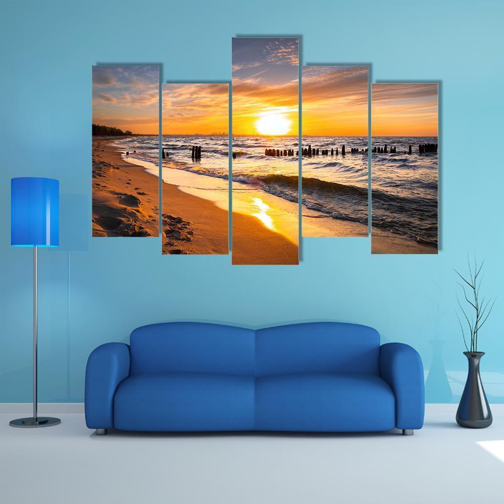 Sunset Over Baltic Sea Beach Canvas Wall Art-5 Pop-Gallery Wrap-47" x 32"-Tiaracle
