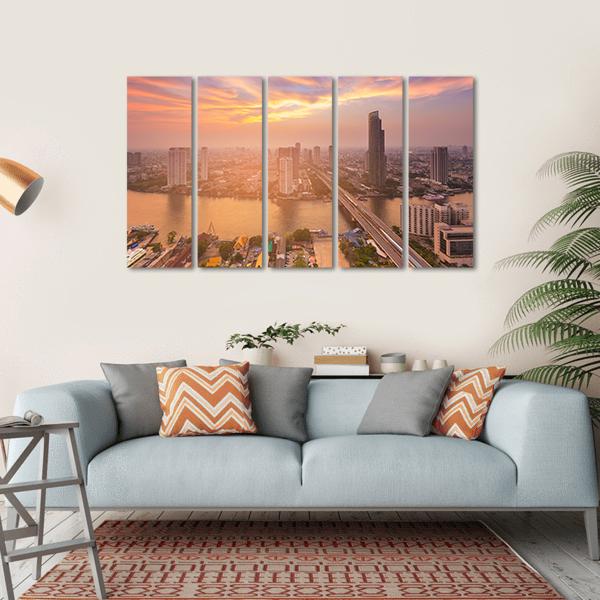 Sunset Over Bangkok City Canvas Wall Art-5 Horizontal-Gallery Wrap-22" x 12"-Tiaracle
