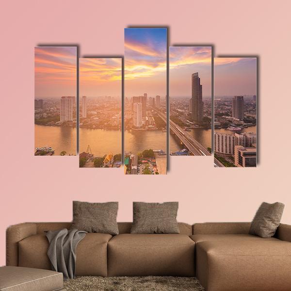 Sunset Over Bangkok City Canvas Wall Art-5 Pop-Gallery Wrap-47" x 32"-Tiaracle