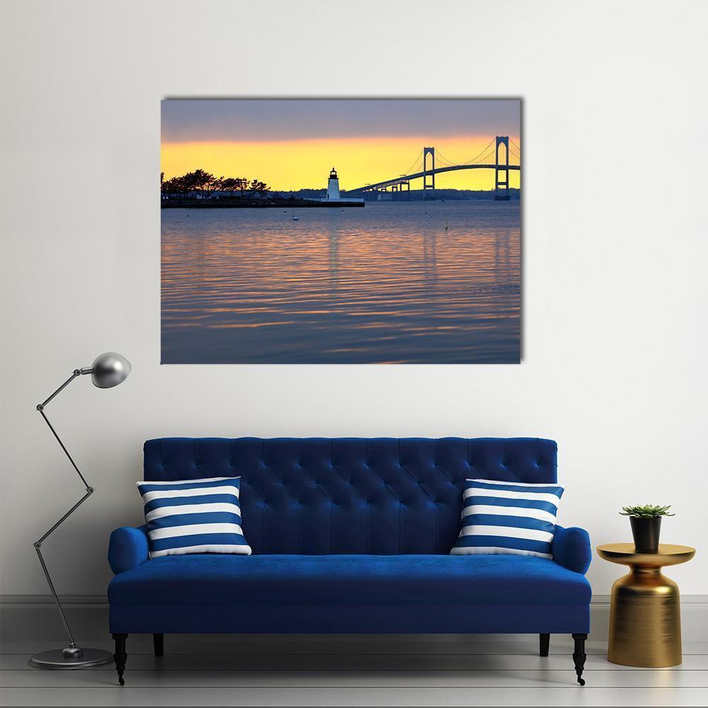 Sunset Over Bridge And Lighthouse Canvas Wall Art-1 Piece-Gallery Wrap-48" x 32"-Tiaracle