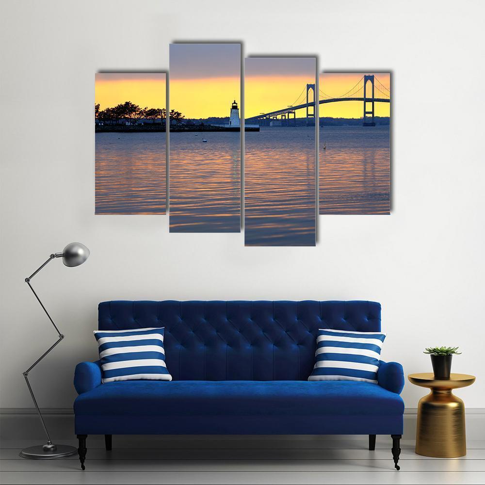 Sunset Over Bridge And Lighthouse Canvas Wall Art-4 Pop-Gallery Wrap-50" x 32"-Tiaracle