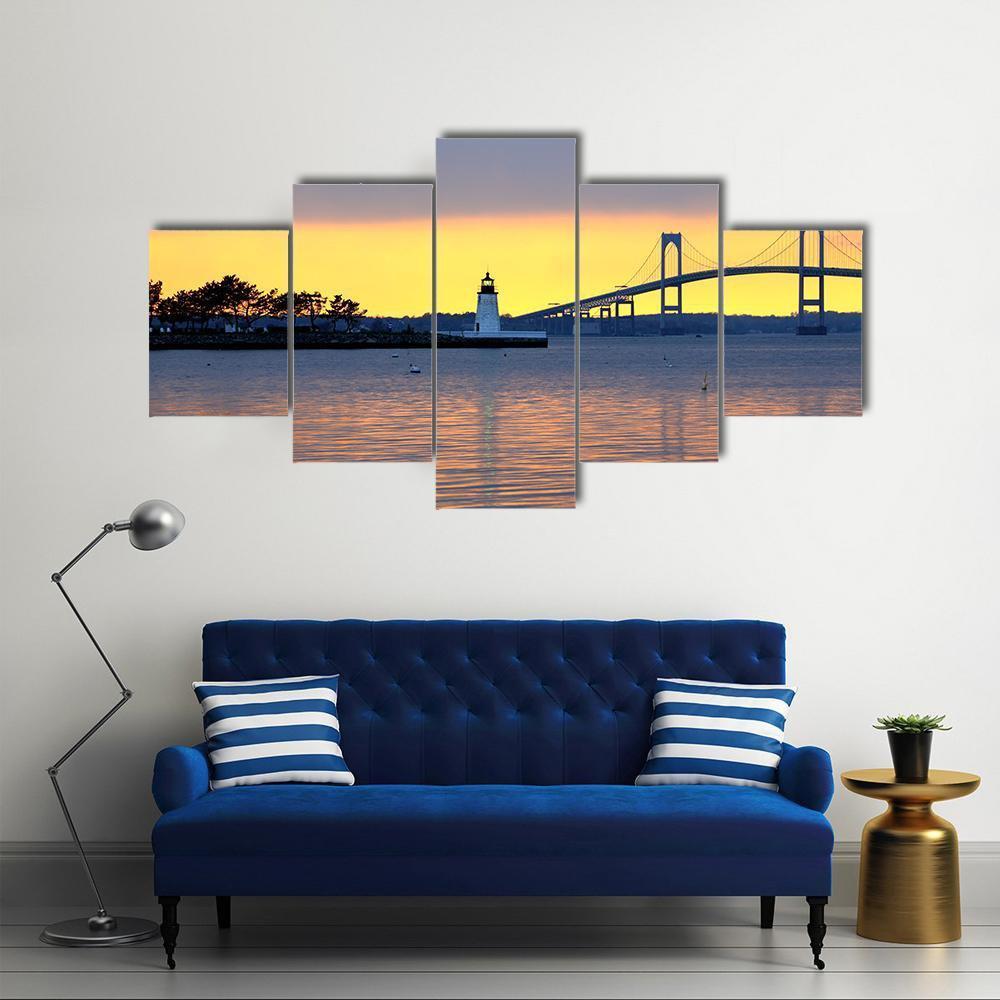 Sunset Over Bridge And Lighthouse Canvas Wall Art-5 Pop-Gallery Wrap-47" x 32"-Tiaracle