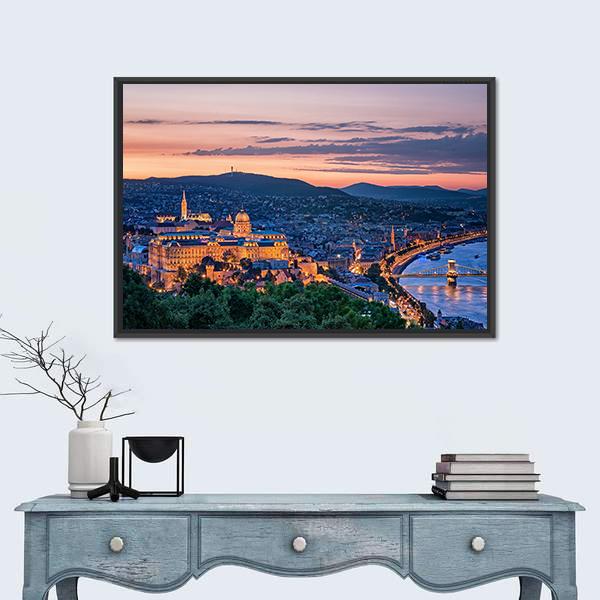 Sunset Over Budapest Canvas Wall Art-1 Piece-Floating Frame-24" x 16"-Tiaracle