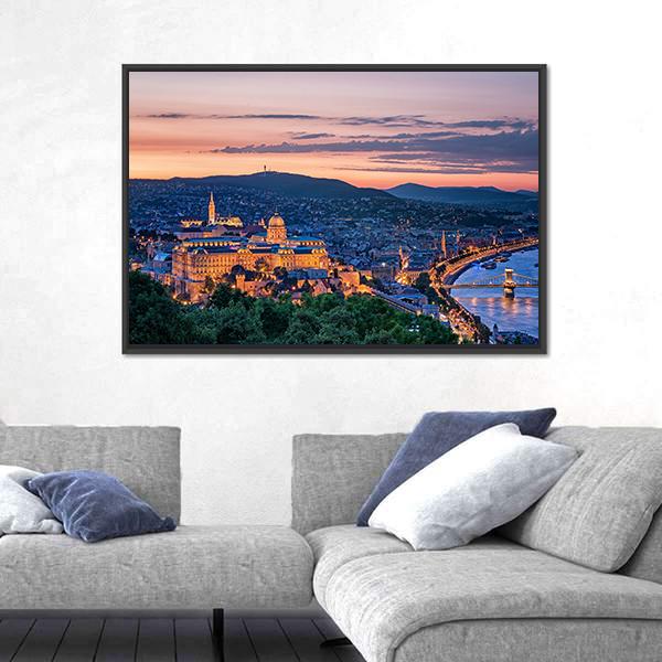 Sunset Over Budapest Canvas Wall Art-3 Horizontal-Gallery Wrap-25" x 16"-Tiaracle
