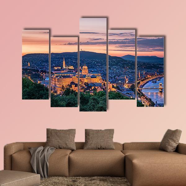 Sunset Over Budapest Canvas Wall Art-5 Pop-Gallery Wrap-47" x 32"-Tiaracle