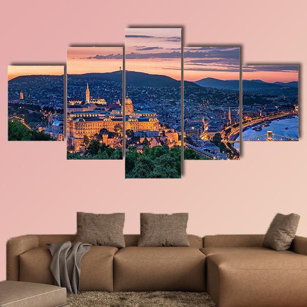 Sunset Over Budapest Canvas Wall Art-5 Star-Gallery Wrap-62" x 32"-Tiaracle