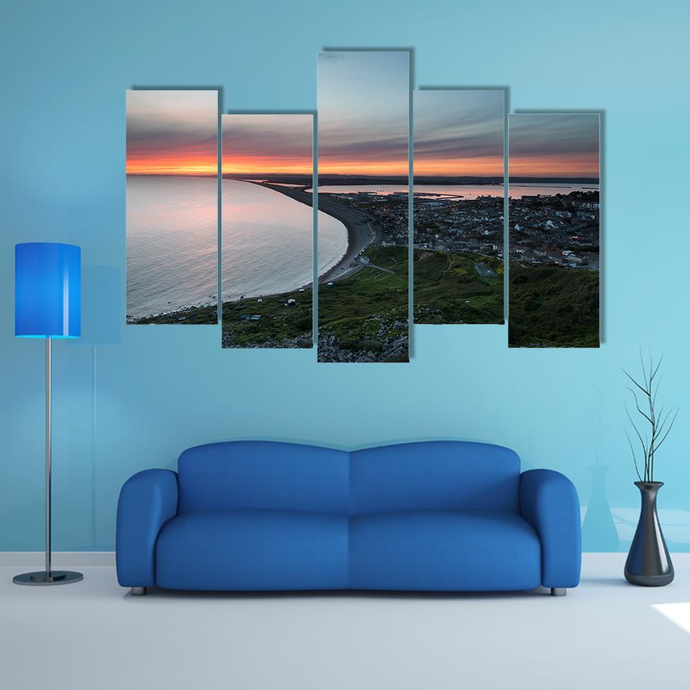 Sunset Over Chesil Beach Canvas Wall Art-5 Pop-Gallery Wrap-47" x 32"-Tiaracle