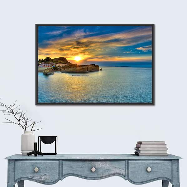 Sunset Over Corfu Island Canvas Wall Art-1 Piece-Floating Frame-24" x 16"-Tiaracle