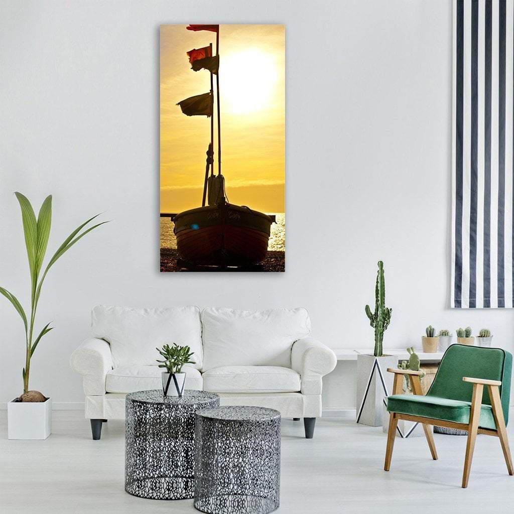 Sunset Over Fishing Boat On Beach Vertical Canvas Wall Art-1 Vertical-Gallery Wrap-12" x 24"-Tiaracle