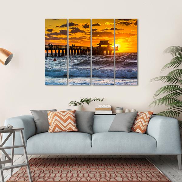 Sunset Over Fishing Pier Canvas Wall Art-4 Horizontal-Gallery Wrap-34" x 24"-Tiaracle
