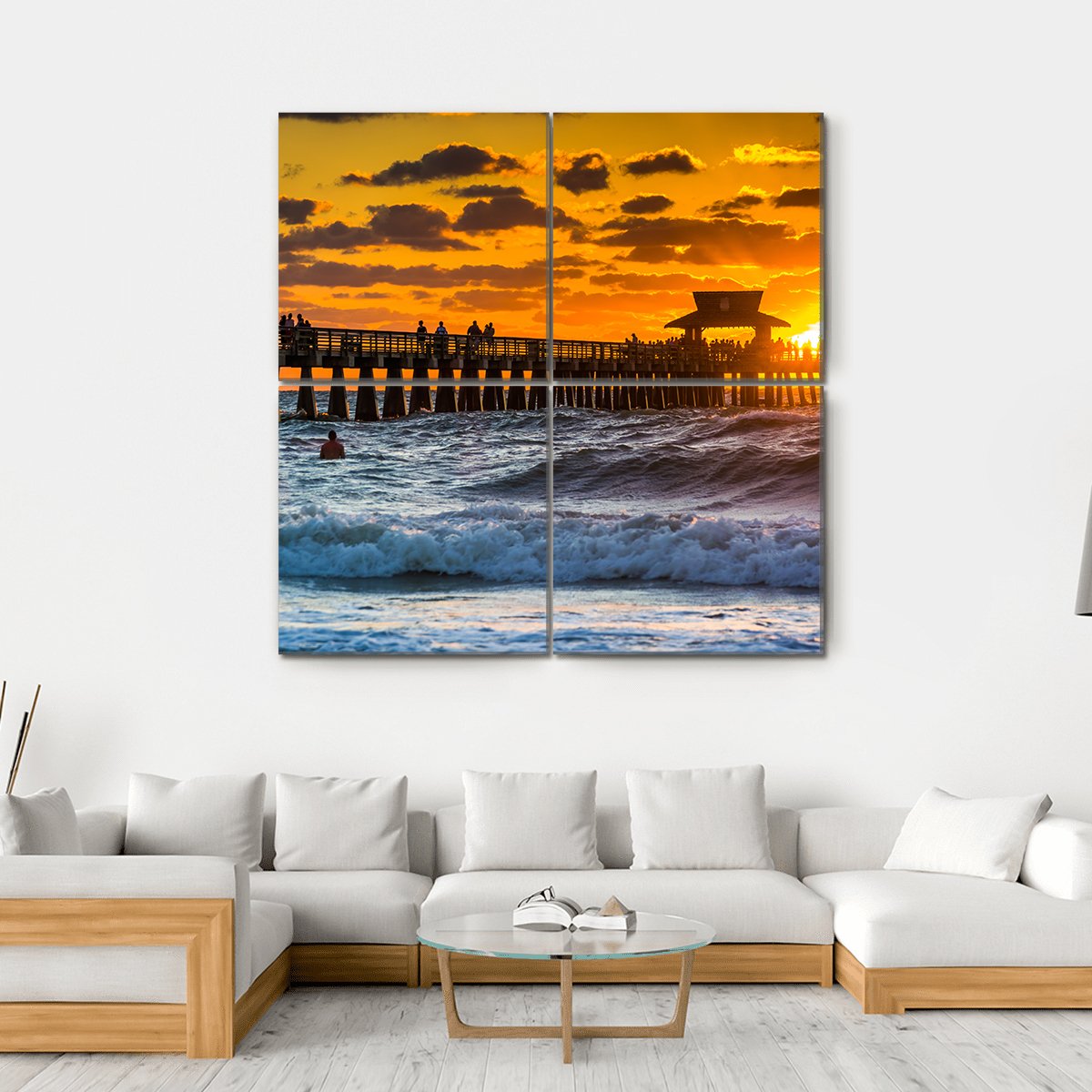 Sunset Over Fishing Pier Canvas Wall Art-4 Square-Gallery Wrap-17" x 17"-Tiaracle