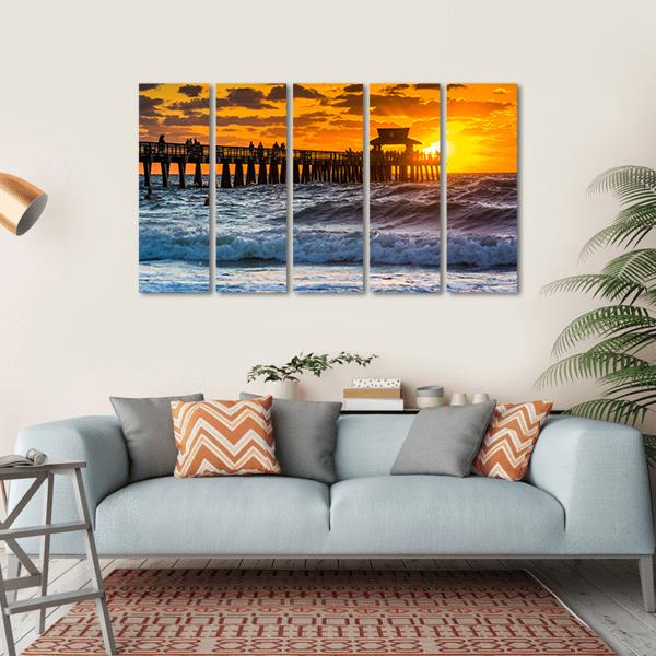 Sunset Over Fishing Pier Canvas Wall Art-5 Horizontal-Gallery Wrap-22" x 12"-Tiaracle