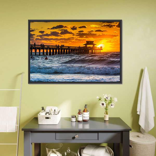 Sunset Over Fishing Pier Canvas Wall Art-1 Piece-Floating Frame-24" x 16"-Tiaracle