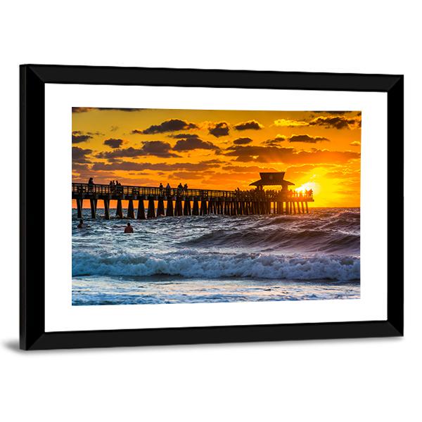 Sunset Over Fishing Pier Canvas Wall Art-3 Horizontal-Gallery Wrap-25" x 16"-Tiaracle