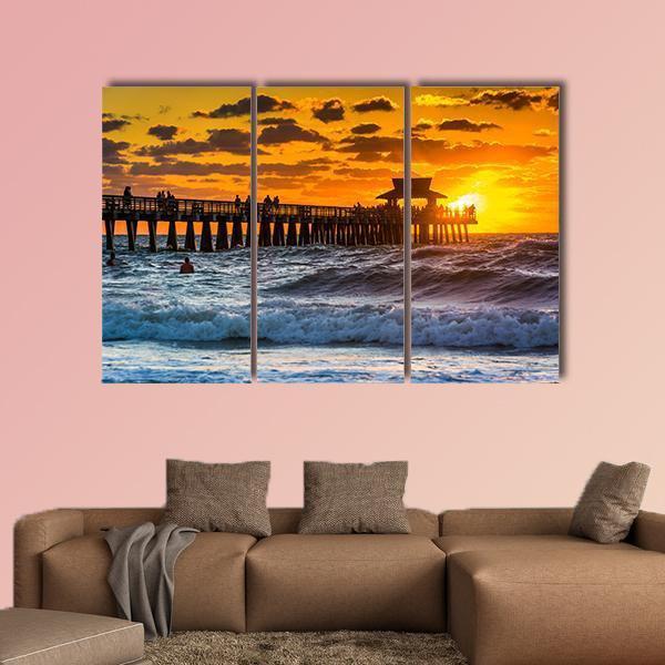 Sunset Over Fishing Pier Canvas Wall Art-3 Horizontal-Gallery Wrap-37" x 24"-Tiaracle