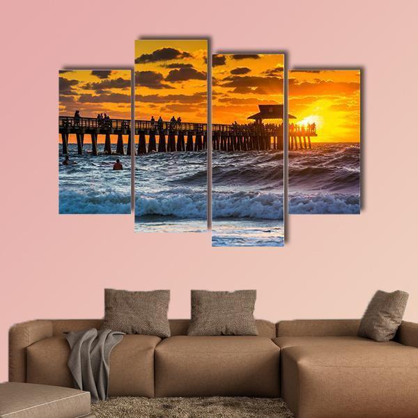 Sunset Over Fishing Pier Canvas Wall Art-4 Pop-Gallery Wrap-50" x 32"-Tiaracle
