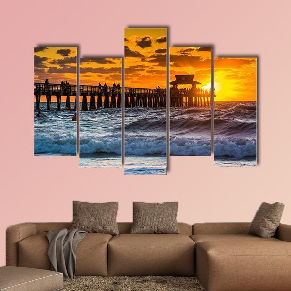 Sunset Over Fishing Pier Canvas Wall Art-5 Pop-Gallery Wrap-47" x 32"-Tiaracle