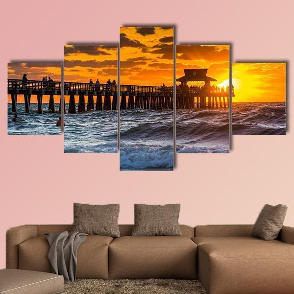 Sunset Over Fishing Pier Canvas Wall Art-4 Pop-Gallery Wrap-50" x 32"-Tiaracle