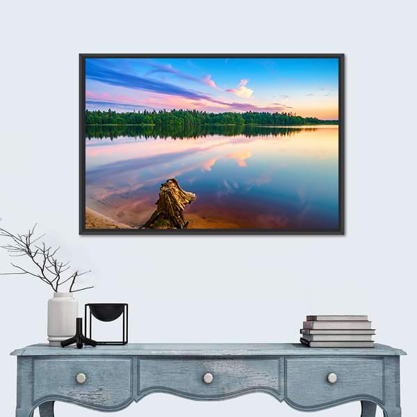 Sunset Over Forest Lake Canvas Wall Art-1 Piece-Floating Frame-24" x 16"-Tiaracle