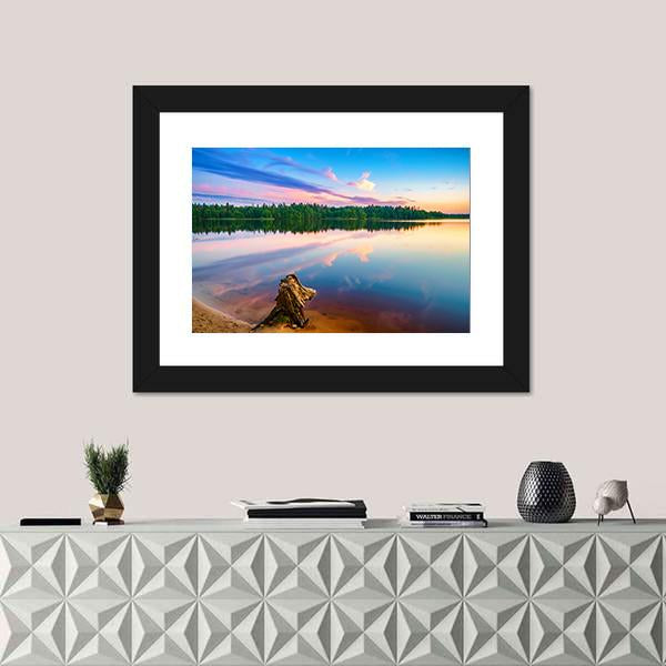 Sunset Over Forest Lake Canvas Wall Art-1 Piece-Framed Print-20" x 16"-Tiaracle