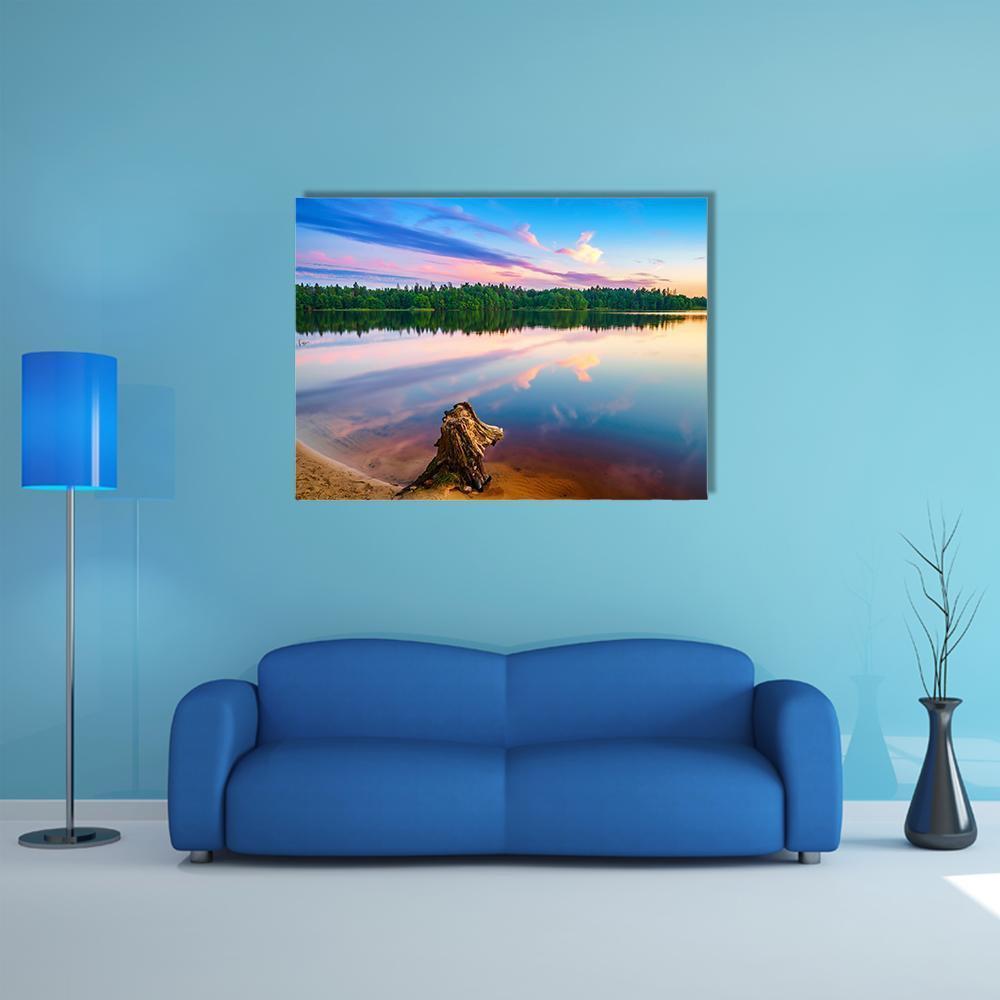 Sunset Over Forest Lake Canvas Wall Art-1 Piece-Gallery Wrap-48" x 32"-Tiaracle