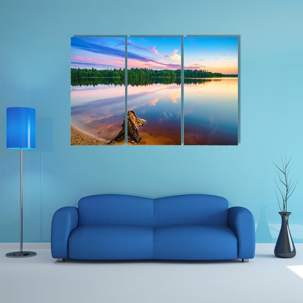 Sunset Over Forest Lake Canvas Wall Art-3 Horizontal-Gallery Wrap-37" x 24"-Tiaracle