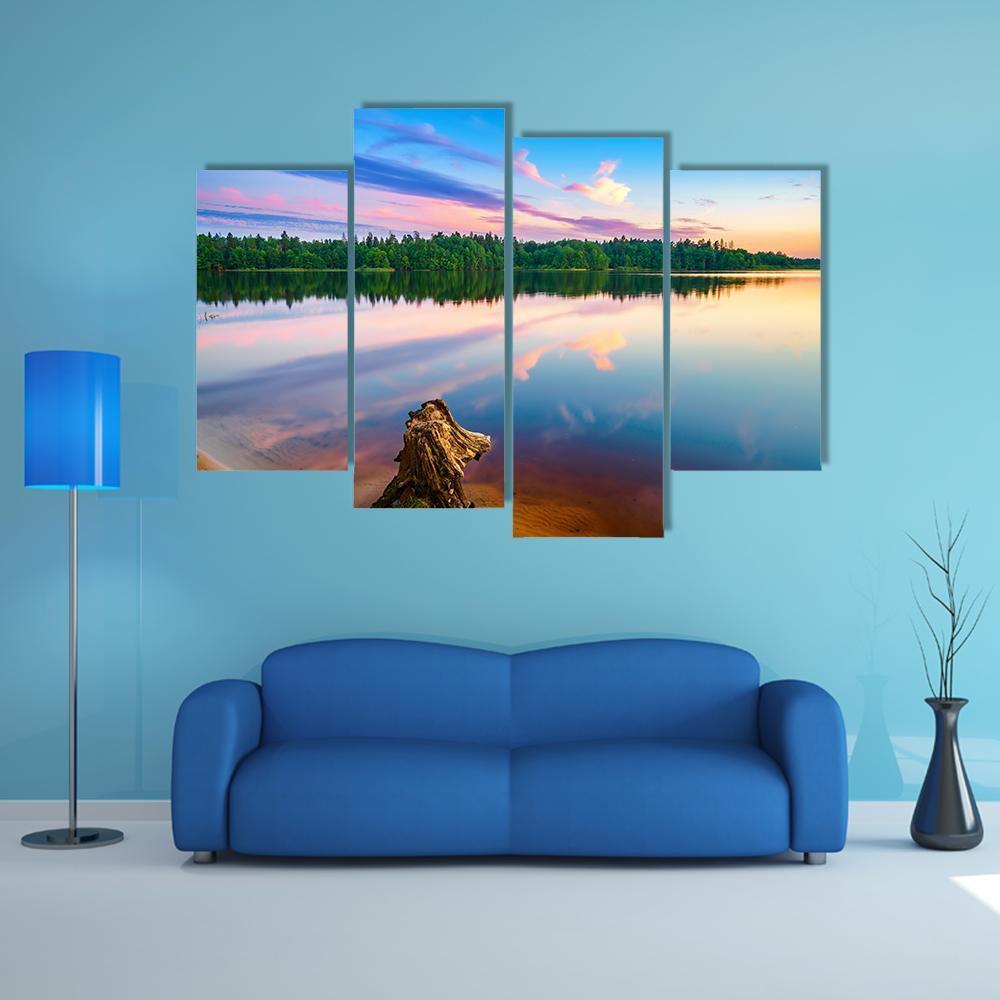 Sunset Over Forest Lake Canvas Wall Art-4 Pop-Gallery Wrap-50" x 32"-Tiaracle