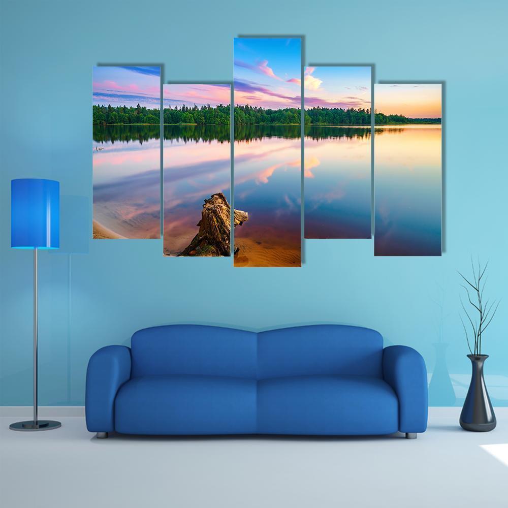 Sunset Over Forest Lake Canvas Wall Art-5 Pop-Gallery Wrap-47" x 32"-Tiaracle