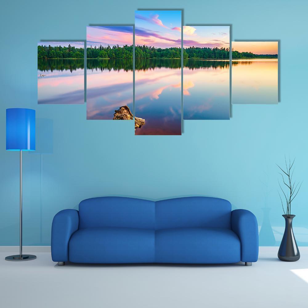 Sunset Over Forest Lake Canvas Wall Art-5 Star-Gallery Wrap-62" x 32"-Tiaracle