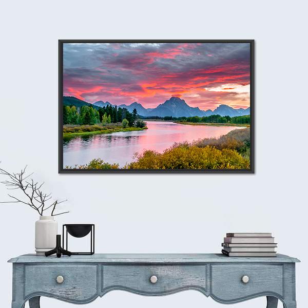 Sunset Over Grand Tetons Canvas Wall Art in orange, blue and pink, framed canvas, product view on a white background